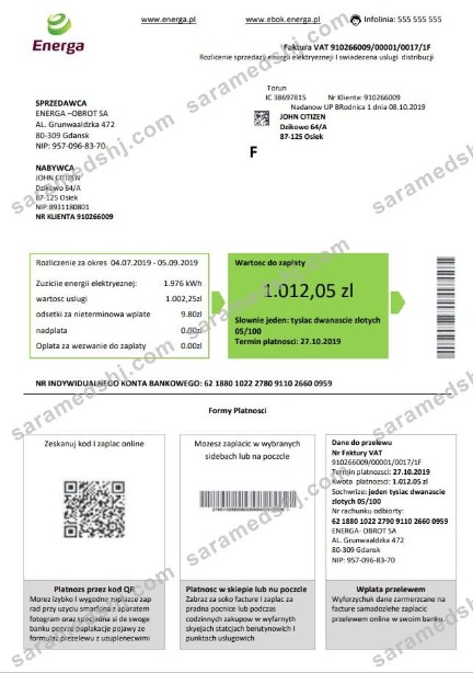 Poland Energa utility bill template in Word and PDF format